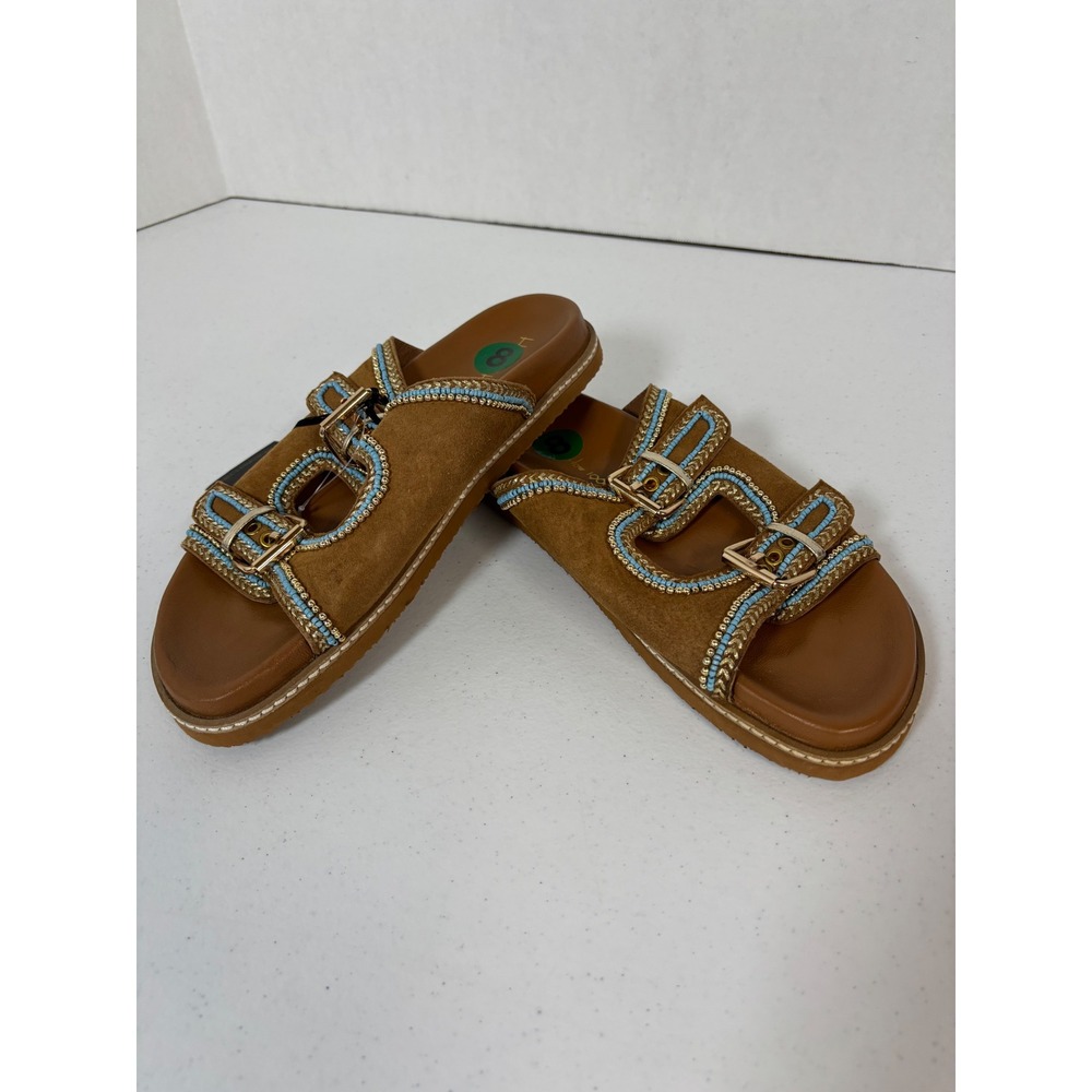 House of Harlow 1960 Tan Suede Beaded Buckle Slide Sandals Womens 8 NEW